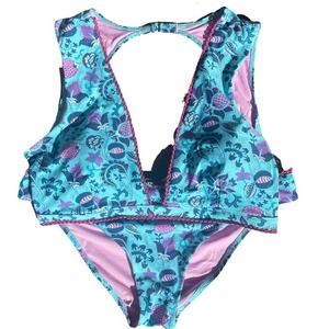 Nanette Lepore Alana Bikini Swim in Floral Apex Aqua Blue Print Plus Size 14
